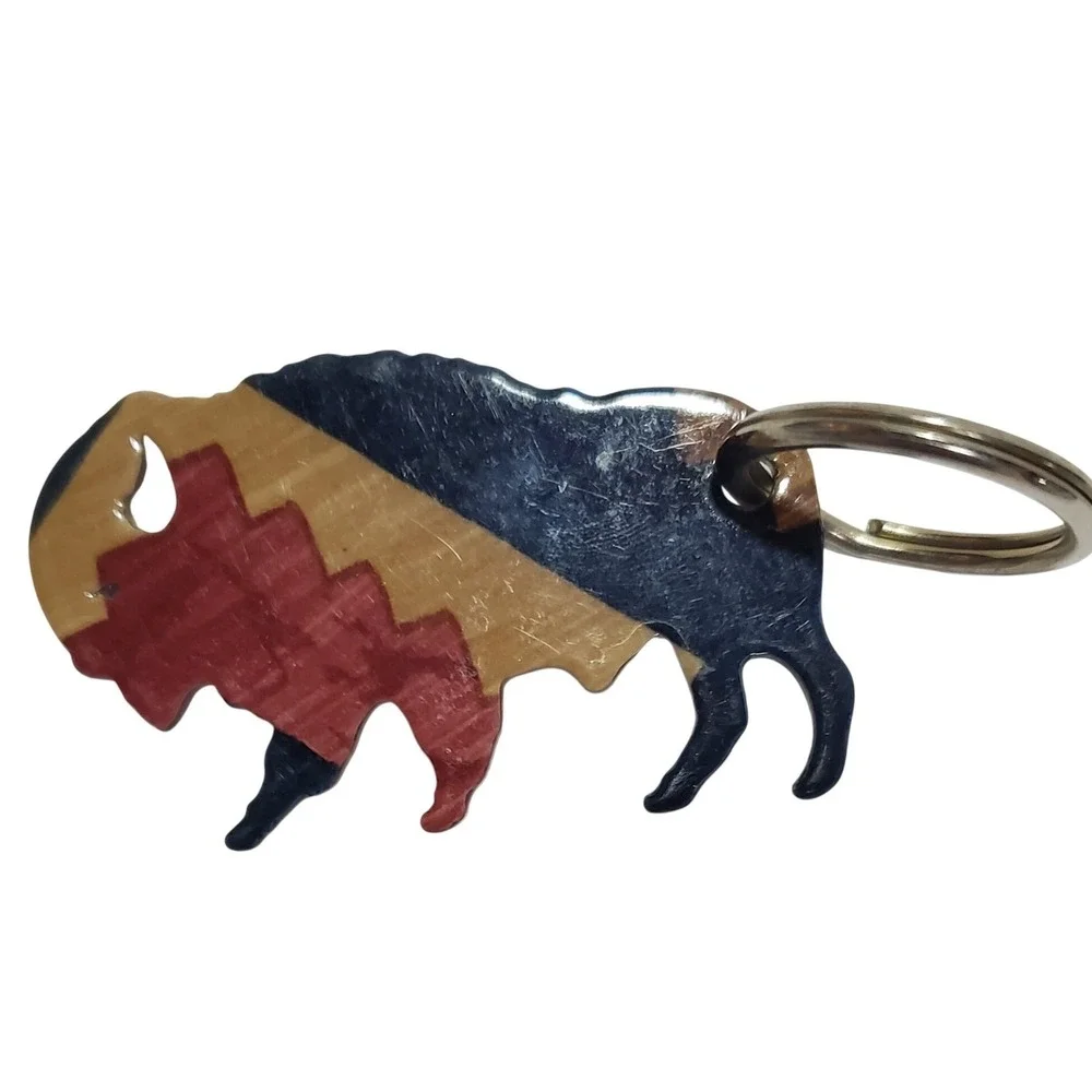 Southwestern Buffalo Keychain Bison Geometric Pattern Red Tan Blue Key Ring